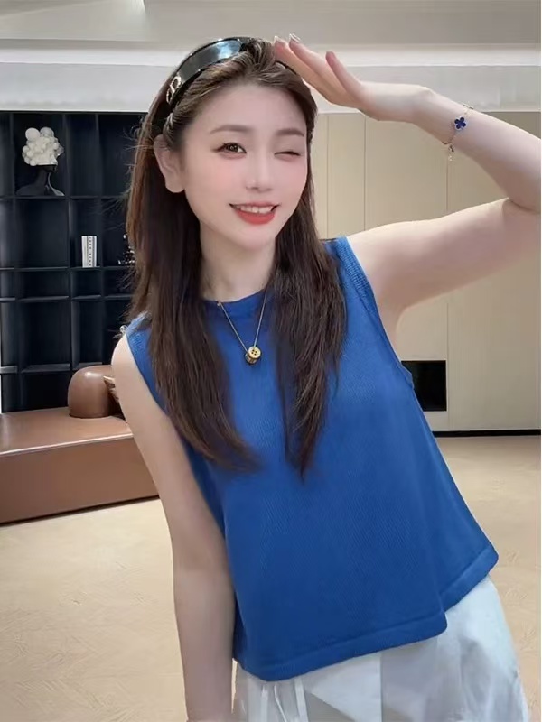 韓系松弛感圓領針織背心女夏季新款氣質顯瘦后背開叉純色無袖上衣