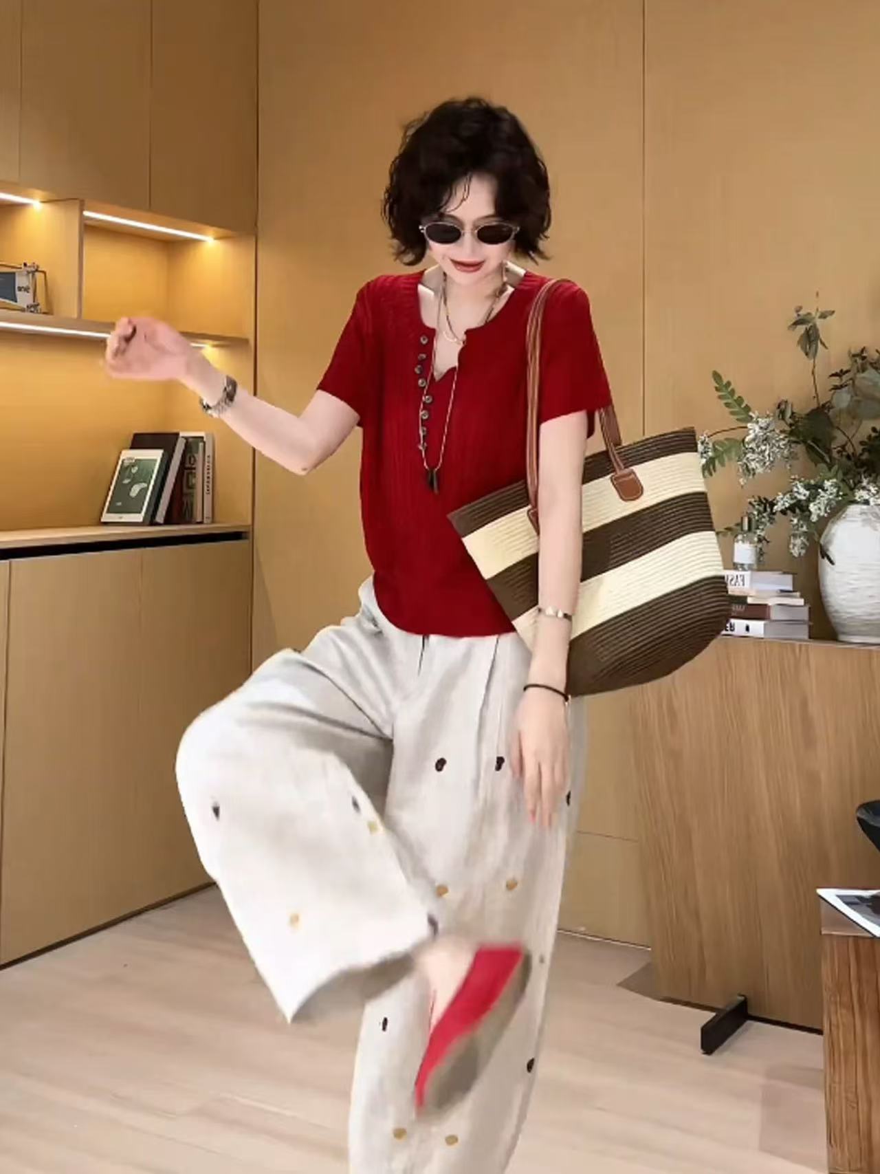 復古豎紋麻花亨利領針織衫女夏季輕熟風寬松顯瘦百搭薄款透氣上衣