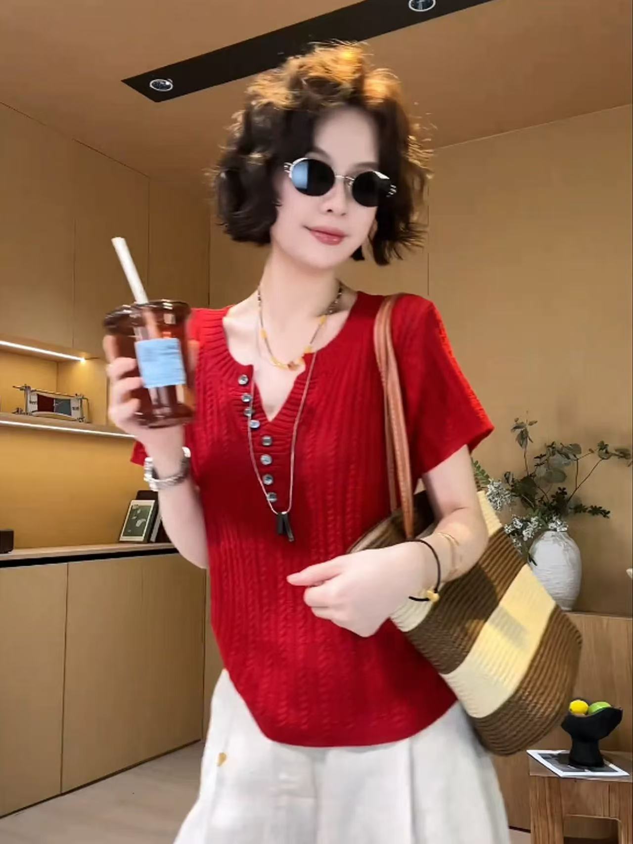 復古豎紋麻花亨利領針織衫女夏季輕熟風寬松顯瘦百搭薄款透氣上衣