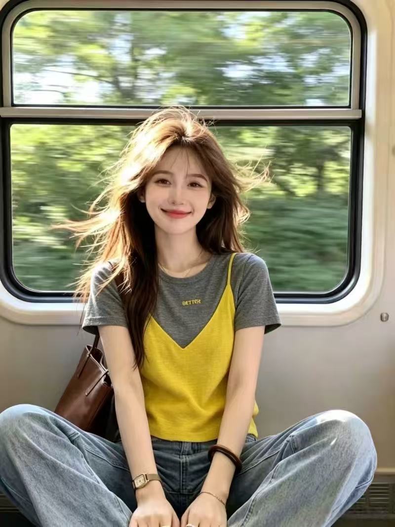 自留款推薦~韓系假兩件圓領短袖針織T恤女夏季新款休閑風百搭上衣