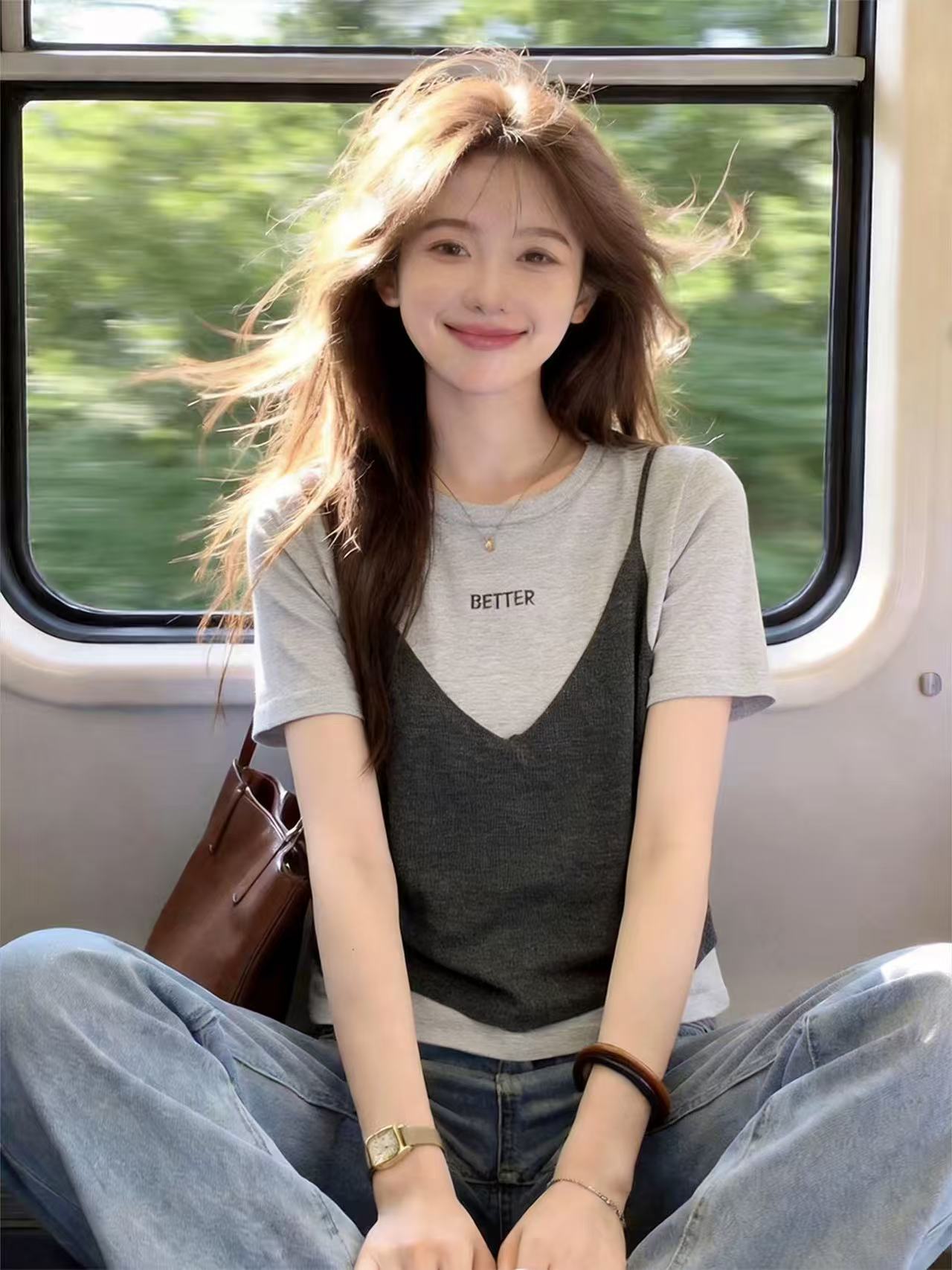 自留款推薦~韓系假兩件圓領短袖針織T恤女夏季新款休閑風百搭上衣