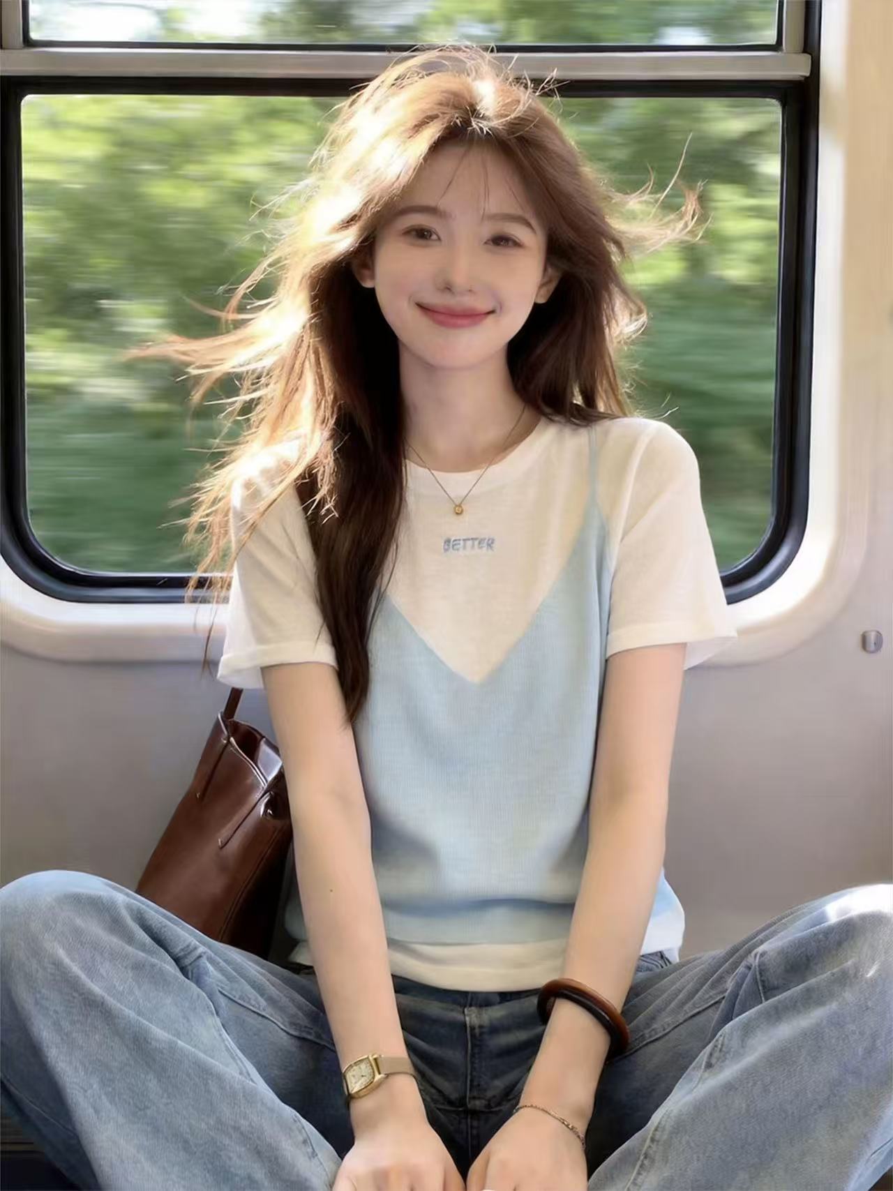 自留款推薦~韓系假兩件圓領短袖針織T恤女夏季新款休閑風百搭上衣