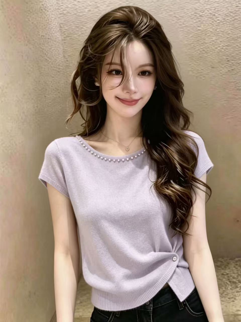 不規則圓領燙鉆冰絲短袖針織衫女款2026新款夏季獨特漂亮薄款上衣