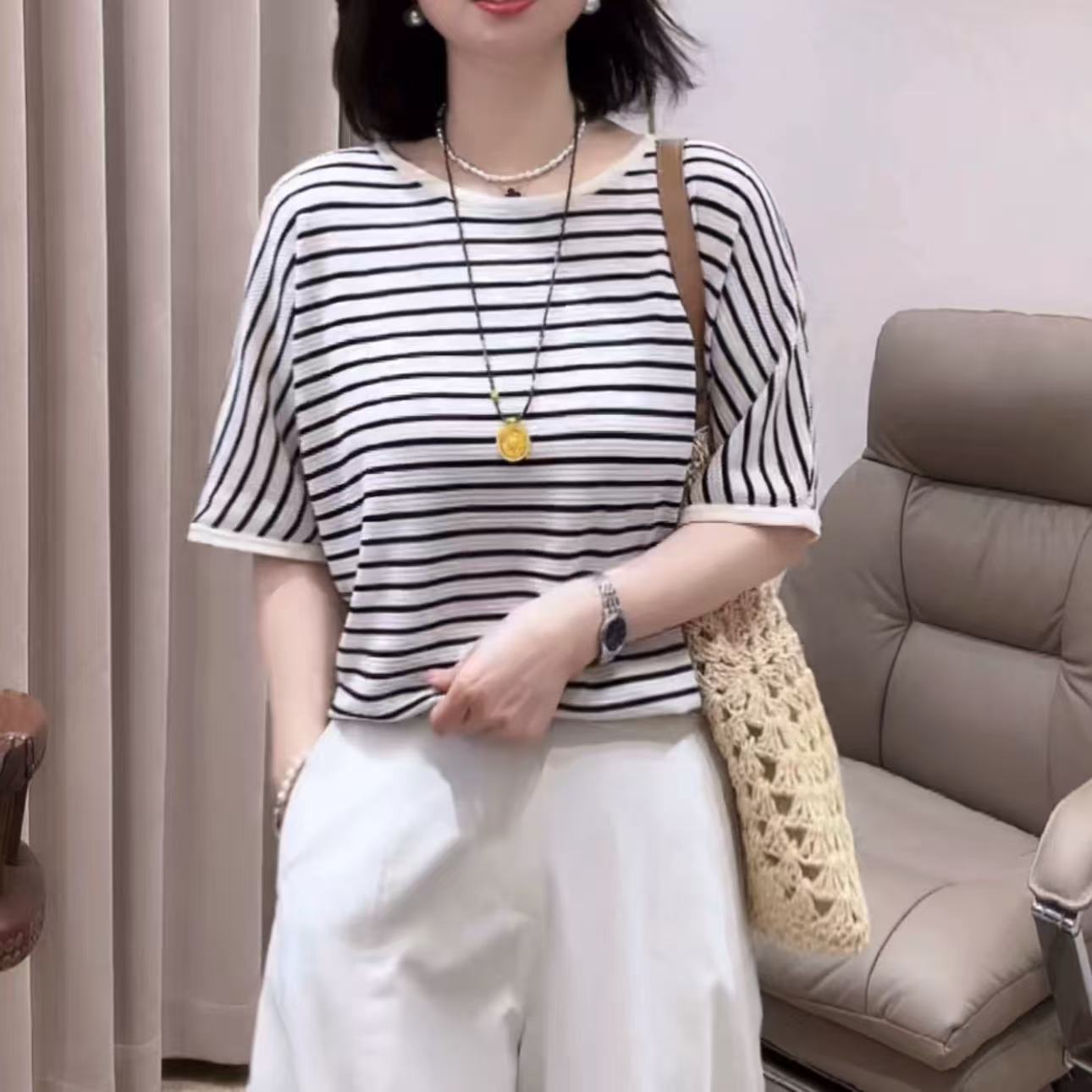 萊賽爾天絲針織短袖T恤女士夏季新款寬松短袖上衣時尚百搭蝙蝠衫