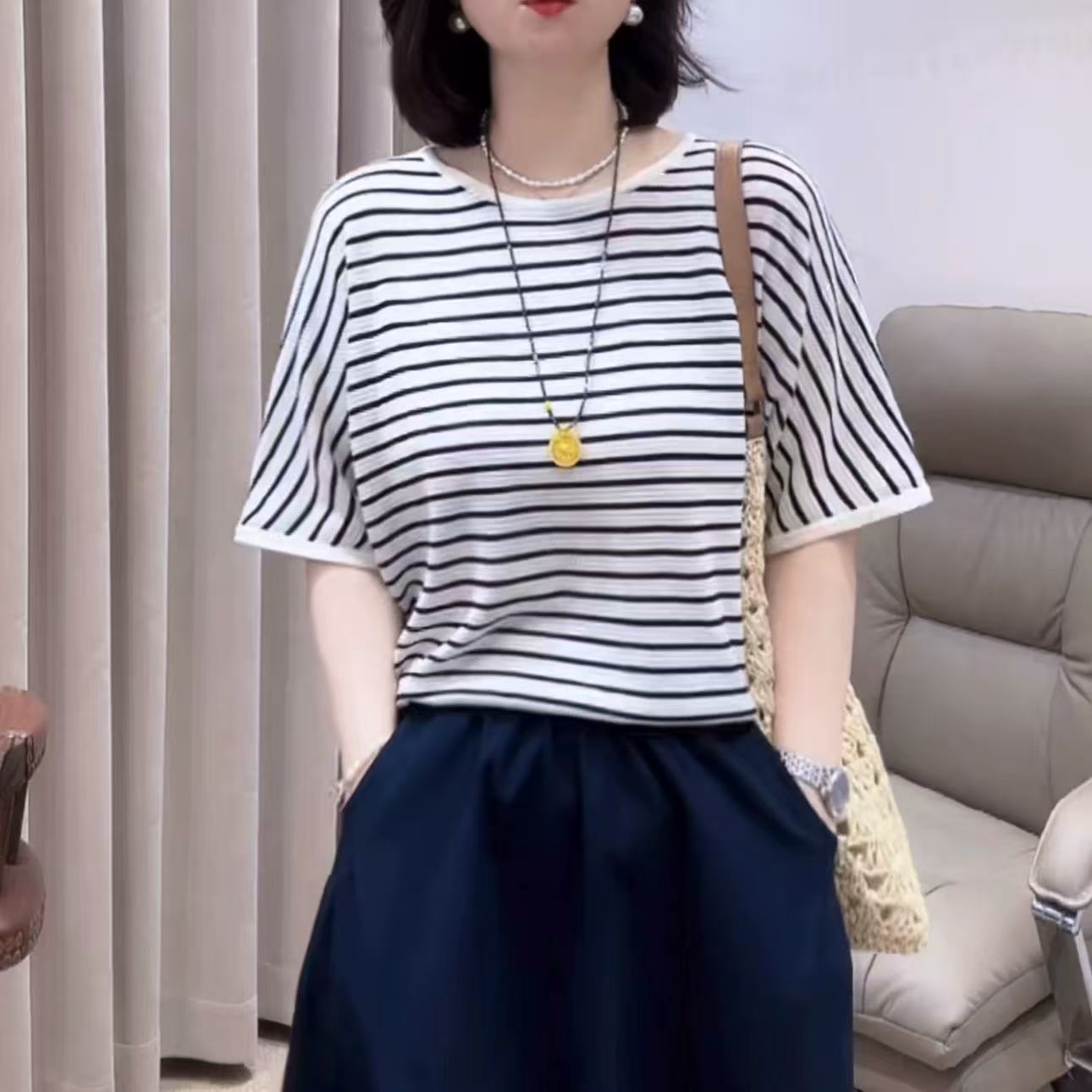 萊賽爾天絲針織短袖T恤女士夏季新款寬松短袖上衣時尚百搭蝙蝠衫