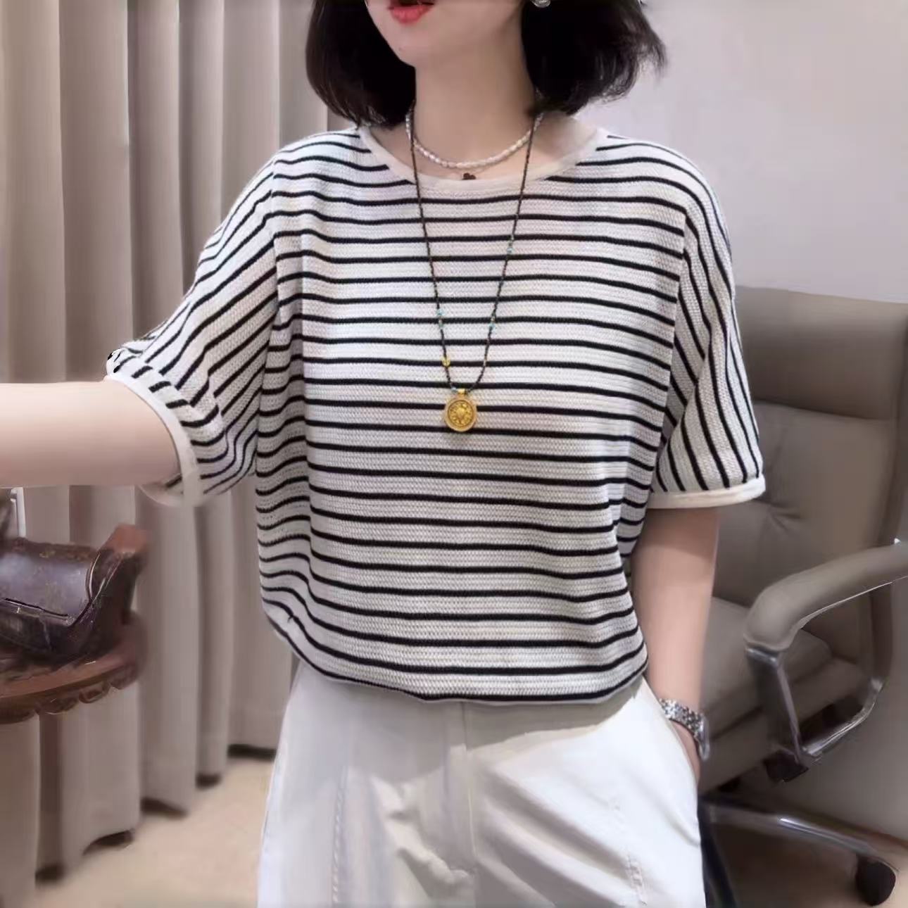 萊賽爾天絲針織短袖T恤女士夏季新款寬松短袖上衣時尚百搭蝙蝠衫
