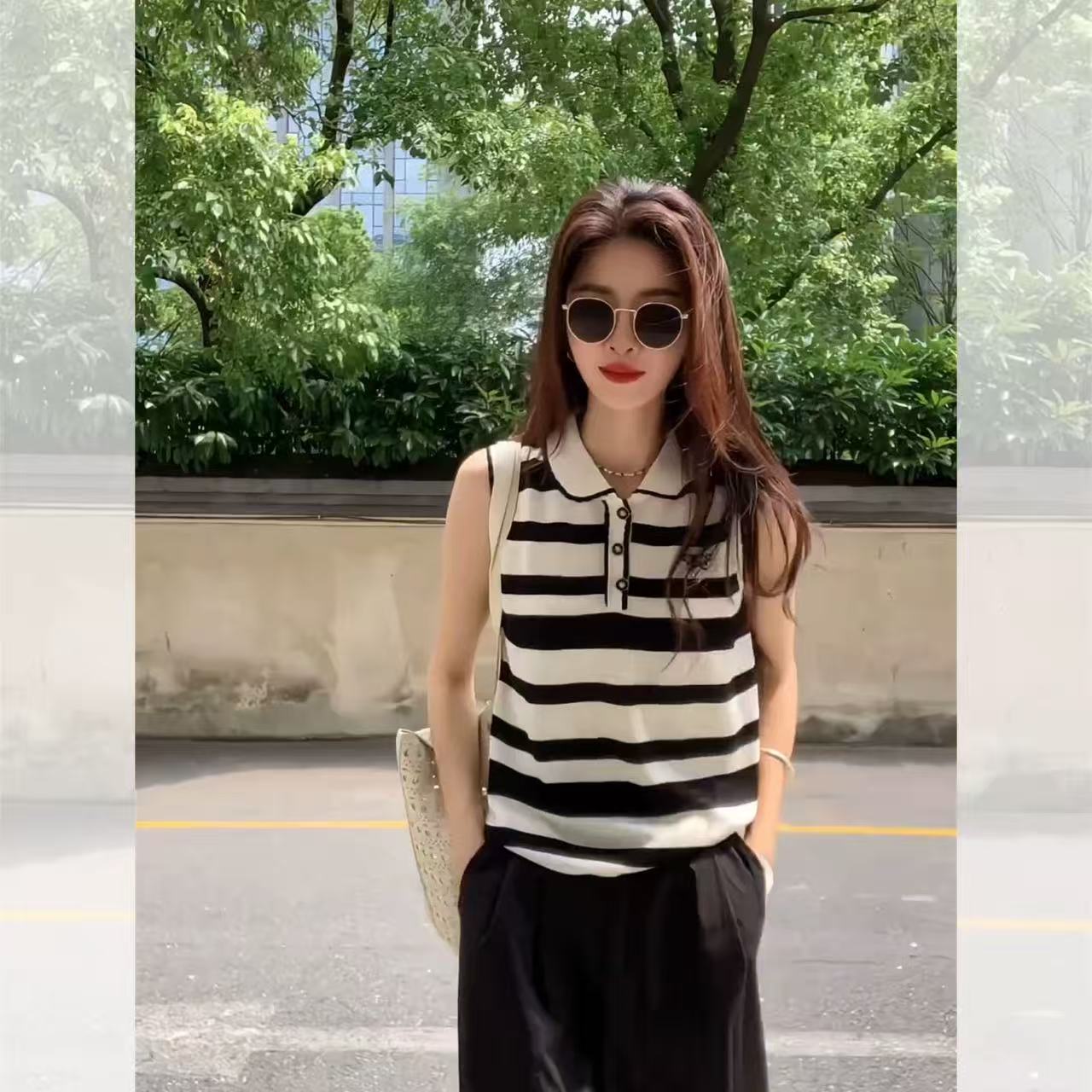 小個子黑色polo領針織冰絲坎肩t恤女夏季修身短款設計感翻領上衣