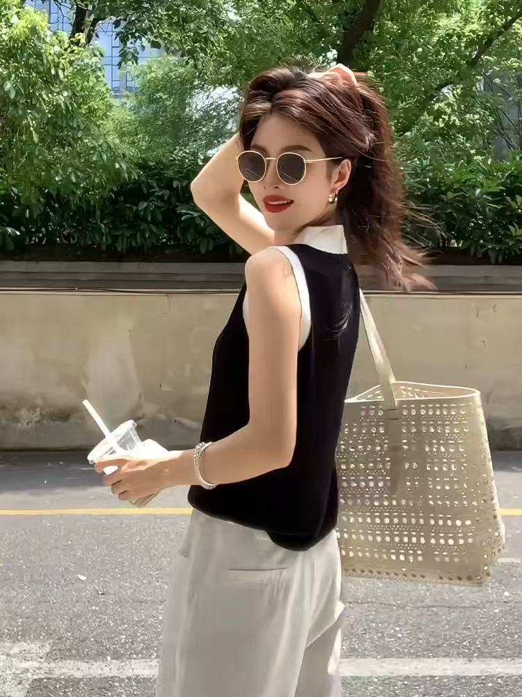 小個子黑色polo領針織冰絲坎肩t恤女夏季修身短款設計感翻領上衣