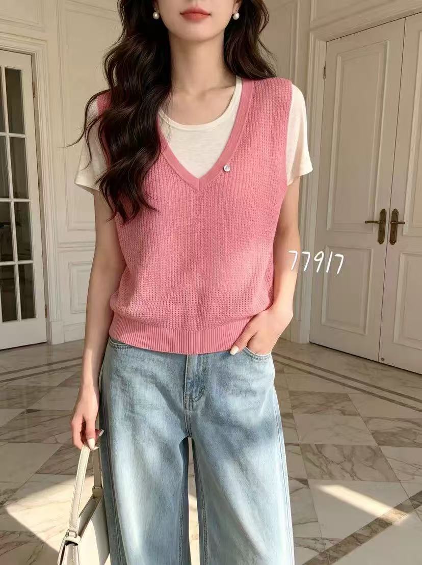 ADX韓系假兩件針織短袖t恤女2026夏季寬松顯瘦撞色百搭上衣潮