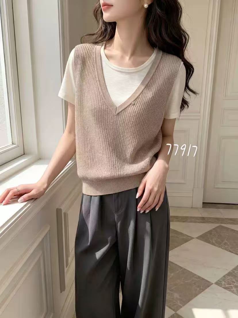 ADX韓系假兩件針織短袖t恤女2026夏季寬松顯瘦撞色百搭上衣潮