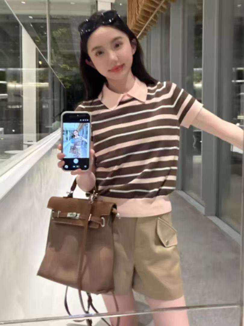 復古撞色條紋Polo領冰絲針織衫女夏季設計感輕薄涼感翻領T恤上衣