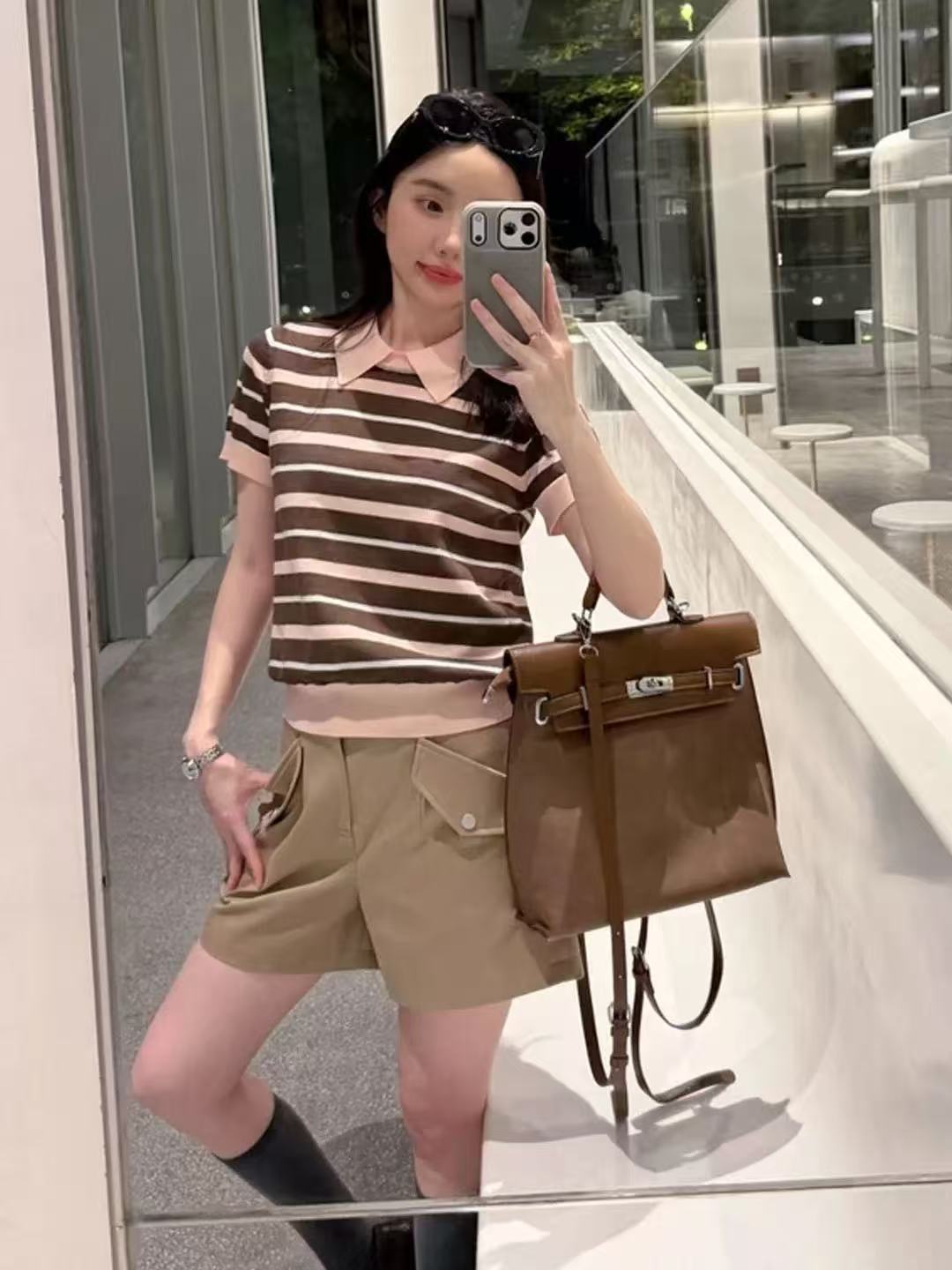 復古撞色條紋Polo領冰絲針織衫女夏季設計感輕薄涼感翻領T恤上衣