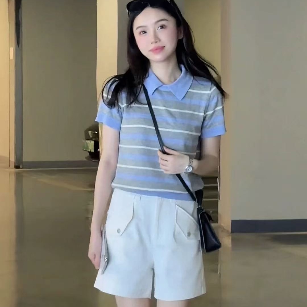 復古撞色條紋Polo領冰絲針織衫女夏季設計感輕薄涼感翻領T恤上衣