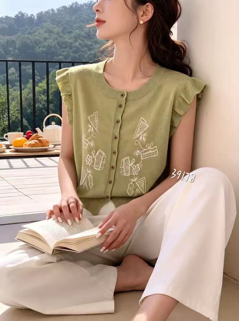 韓系溫柔減齡小飛袖刺繡針織開衫女夏季新款圓領薄款無袖馬甲上衣