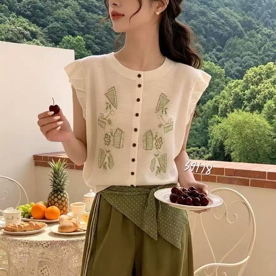 韓系溫柔減齡小飛袖刺繡針織開衫女夏季新款圓領薄款無袖馬甲上衣
