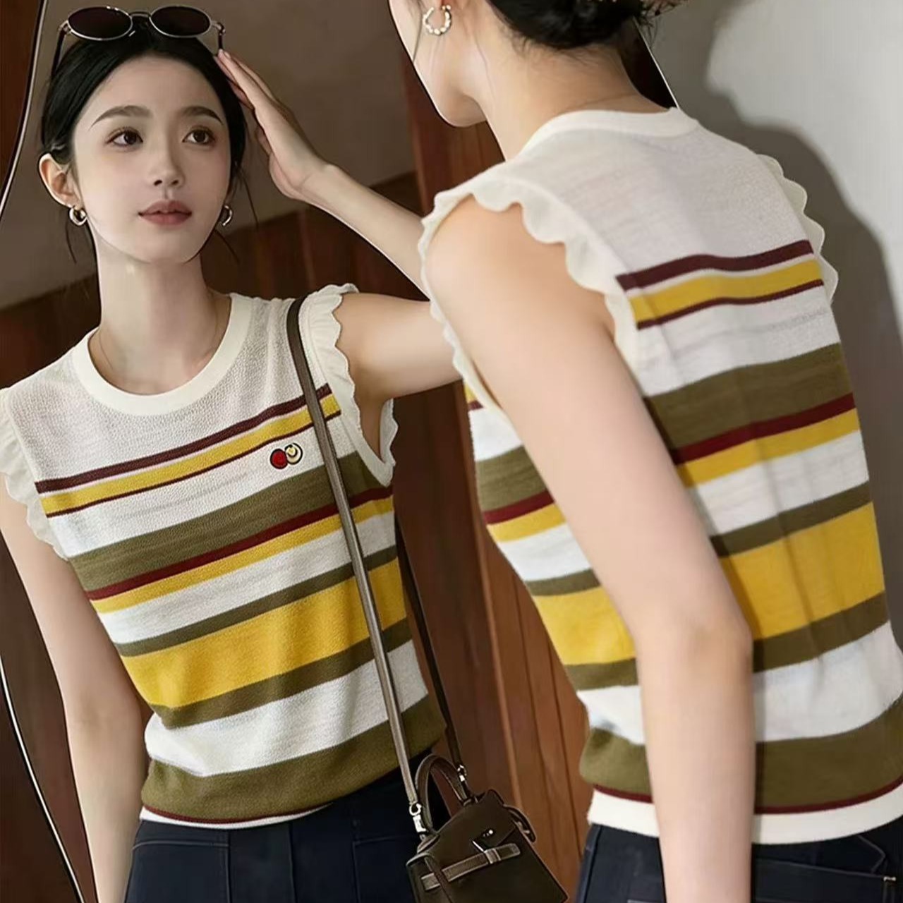 設計感撞色條紋荷葉邊拼接袖背心女2026夏季新款小眾獨特別致上衣