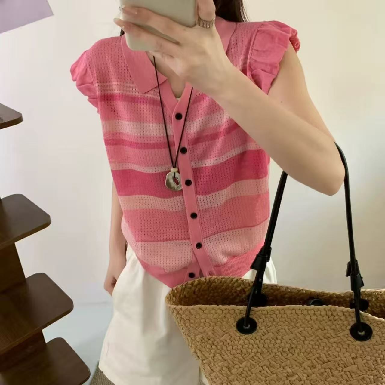 韓系撞色條紋Polo領木耳邊無袖針織衫女歐貨夏季新款顯瘦百搭上衣
