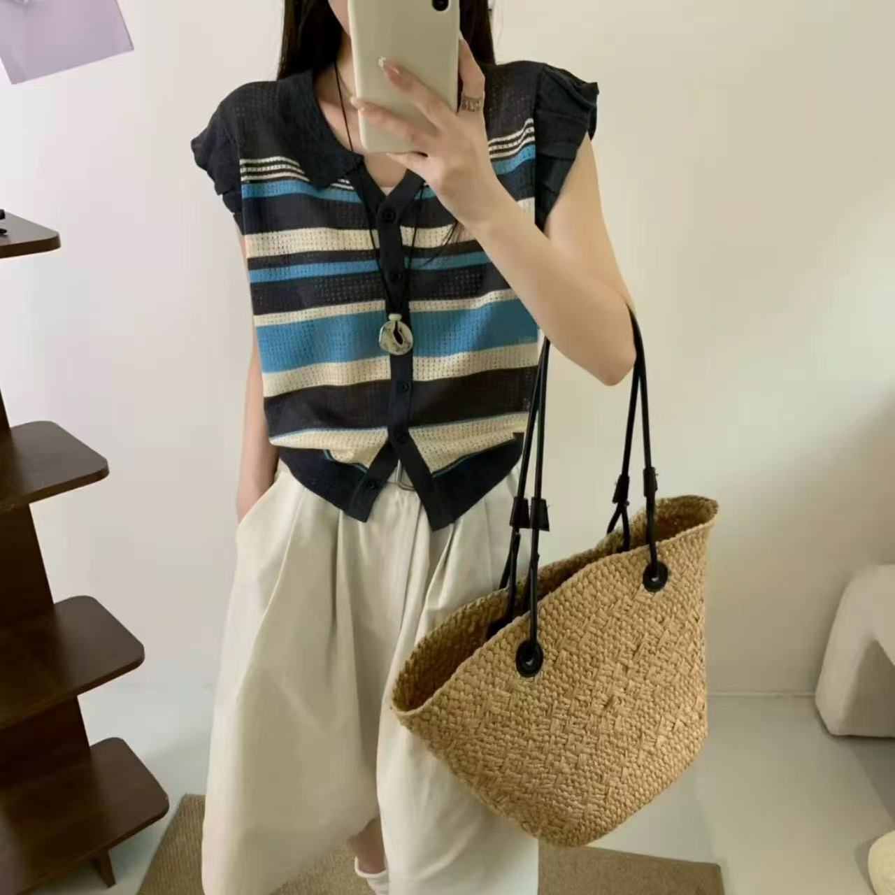 韓系撞色條紋Polo領木耳邊無袖針織衫女歐貨夏季新款顯瘦百搭上衣