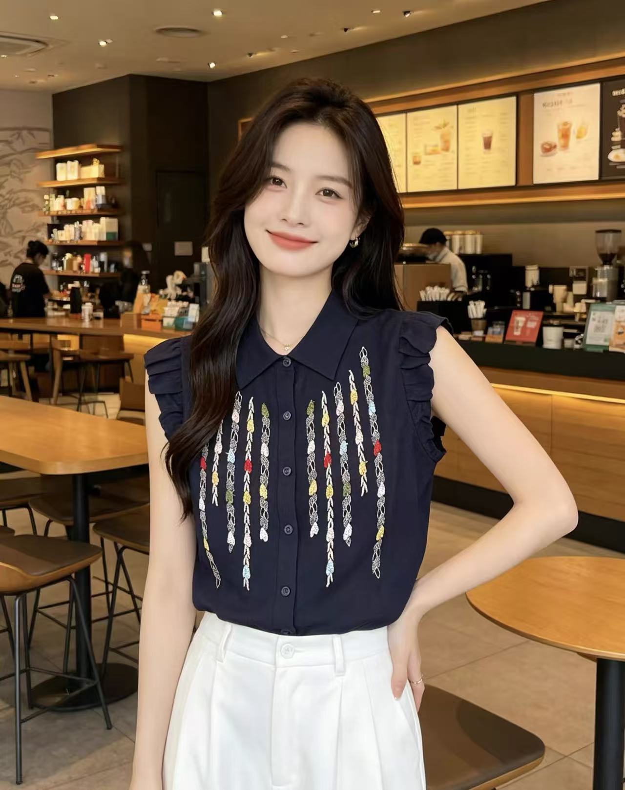 韓系翻領木耳邊袖刺繡針織開衫女26夏季新款顯瘦洋氣百搭上衣M