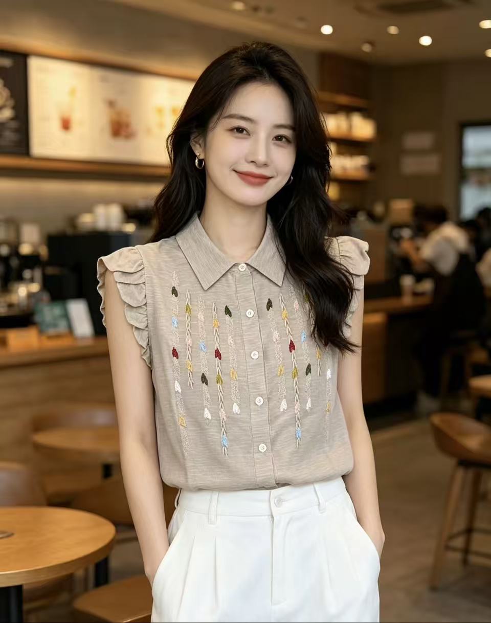韓系翻領木耳邊袖刺繡針織開衫女26夏季新款顯瘦洋氣百搭上衣M