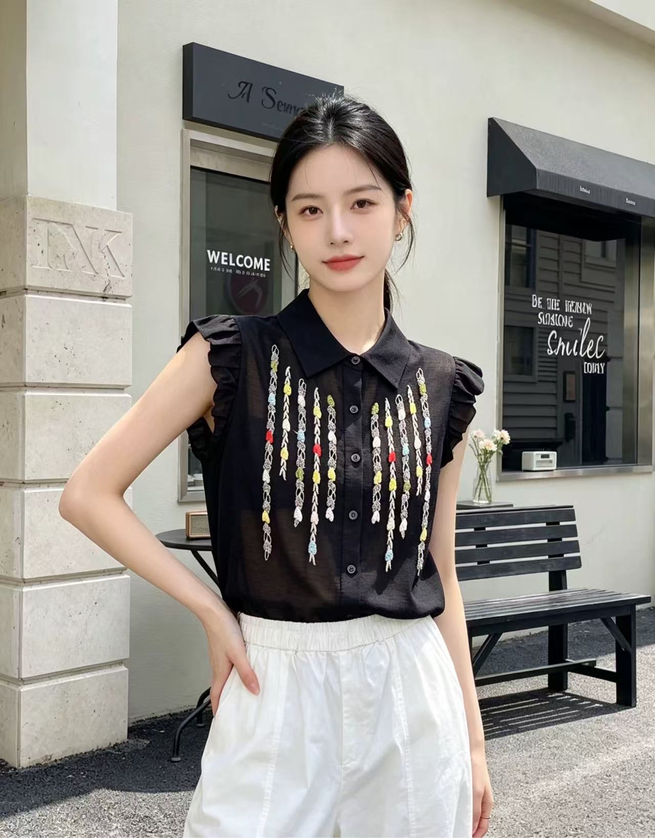 韓系翻領木耳邊袖刺繡針織開衫女26夏季新款顯瘦洋氣百搭上衣M