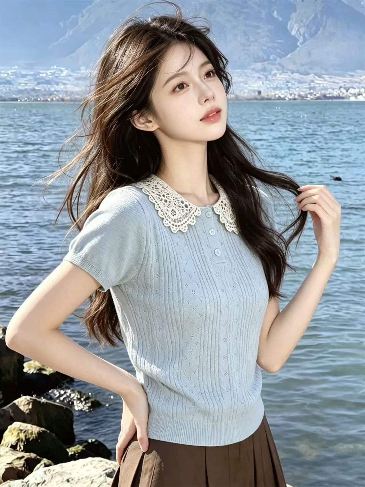 藍色蕾絲拼接娃娃領針織短袖T恤女2026夏季鏤空修身減齡小衫上衣