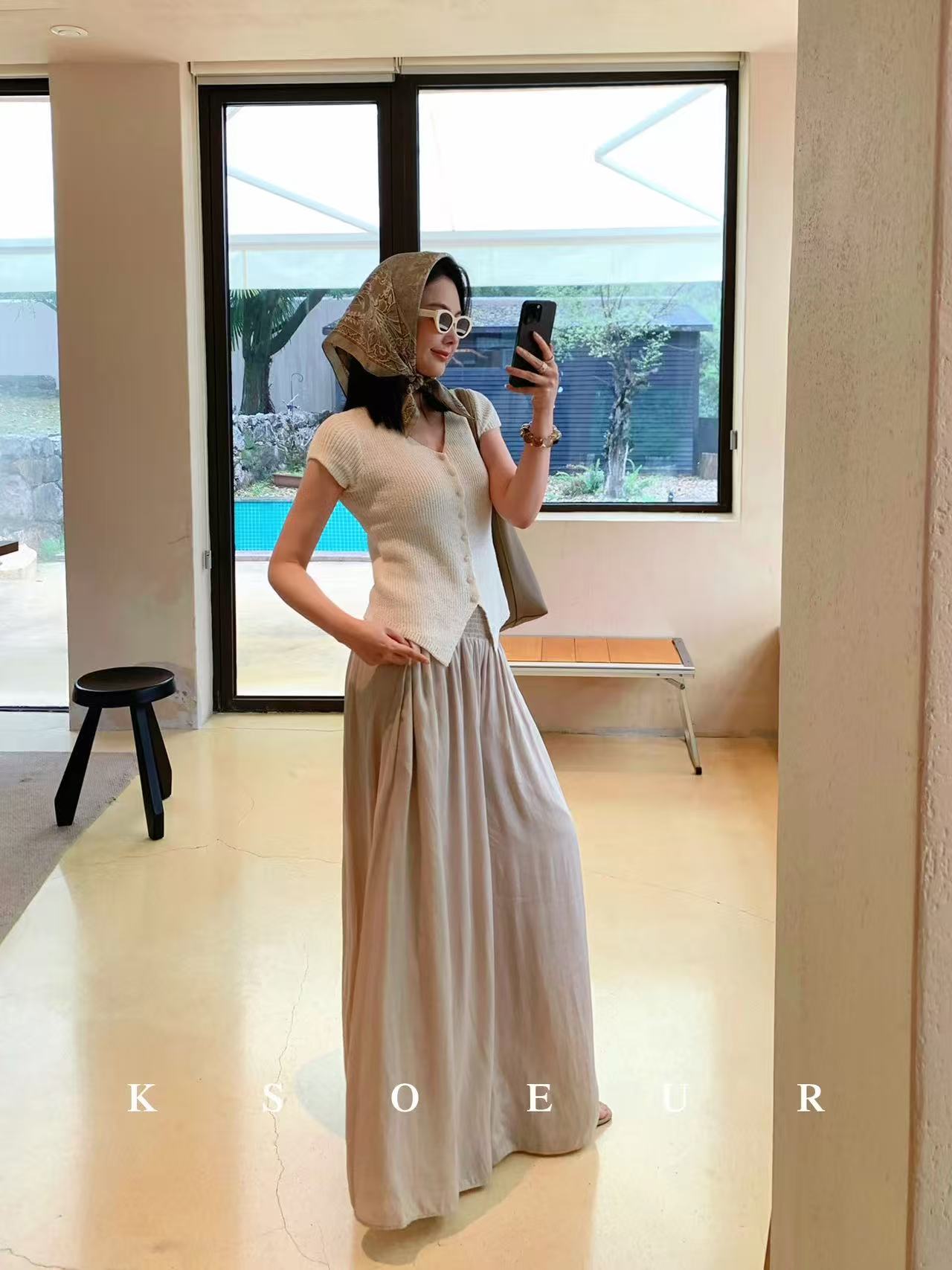 K姐KSOEUR月光小衫亞麻棉 貝殼袖不規則下擺氣質顯瘦針織衫女