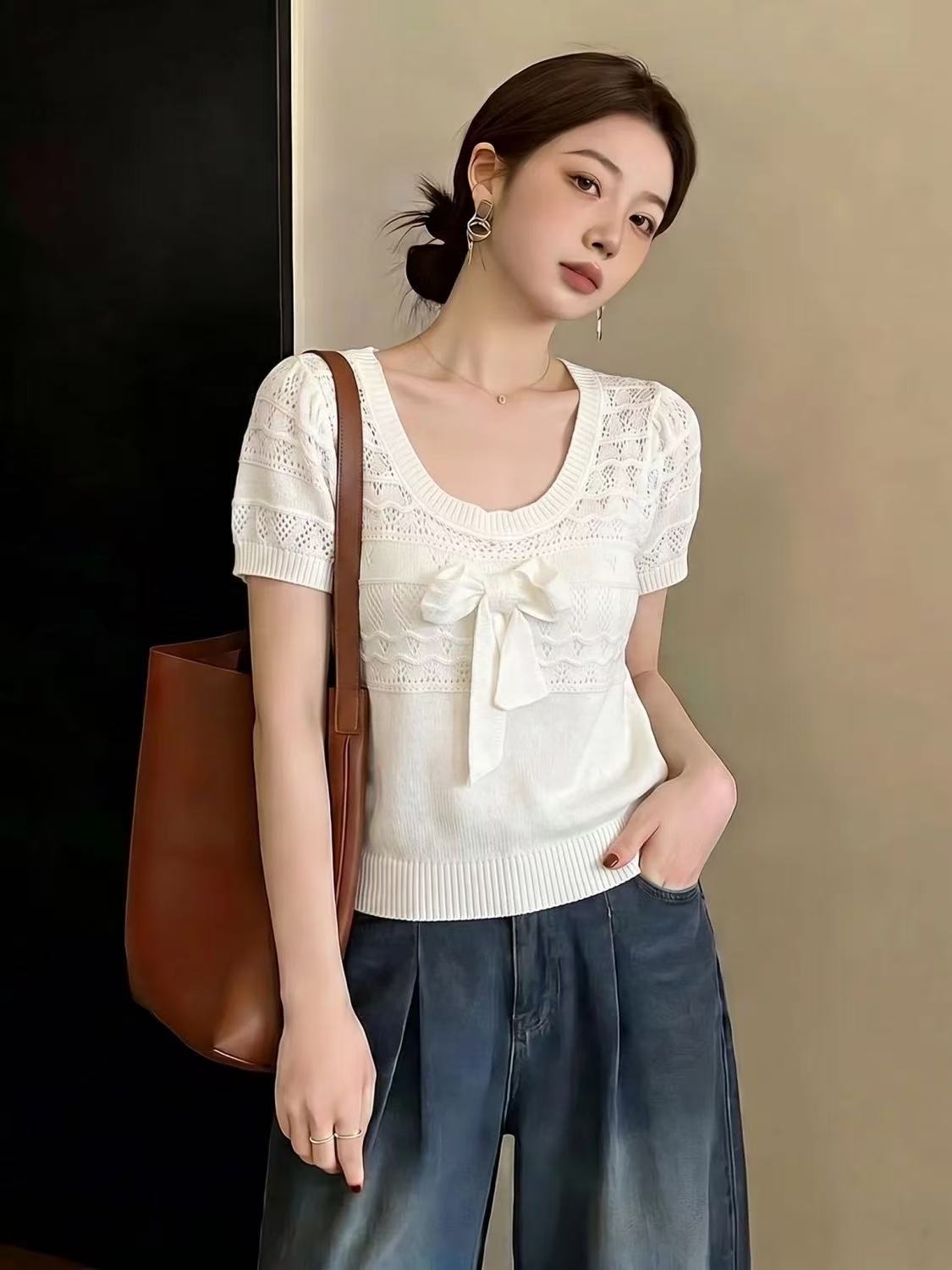 法式小眾圓領針織衫女夏季大碼胖MM收腰顯瘦百搭爆款透氣款短上衣