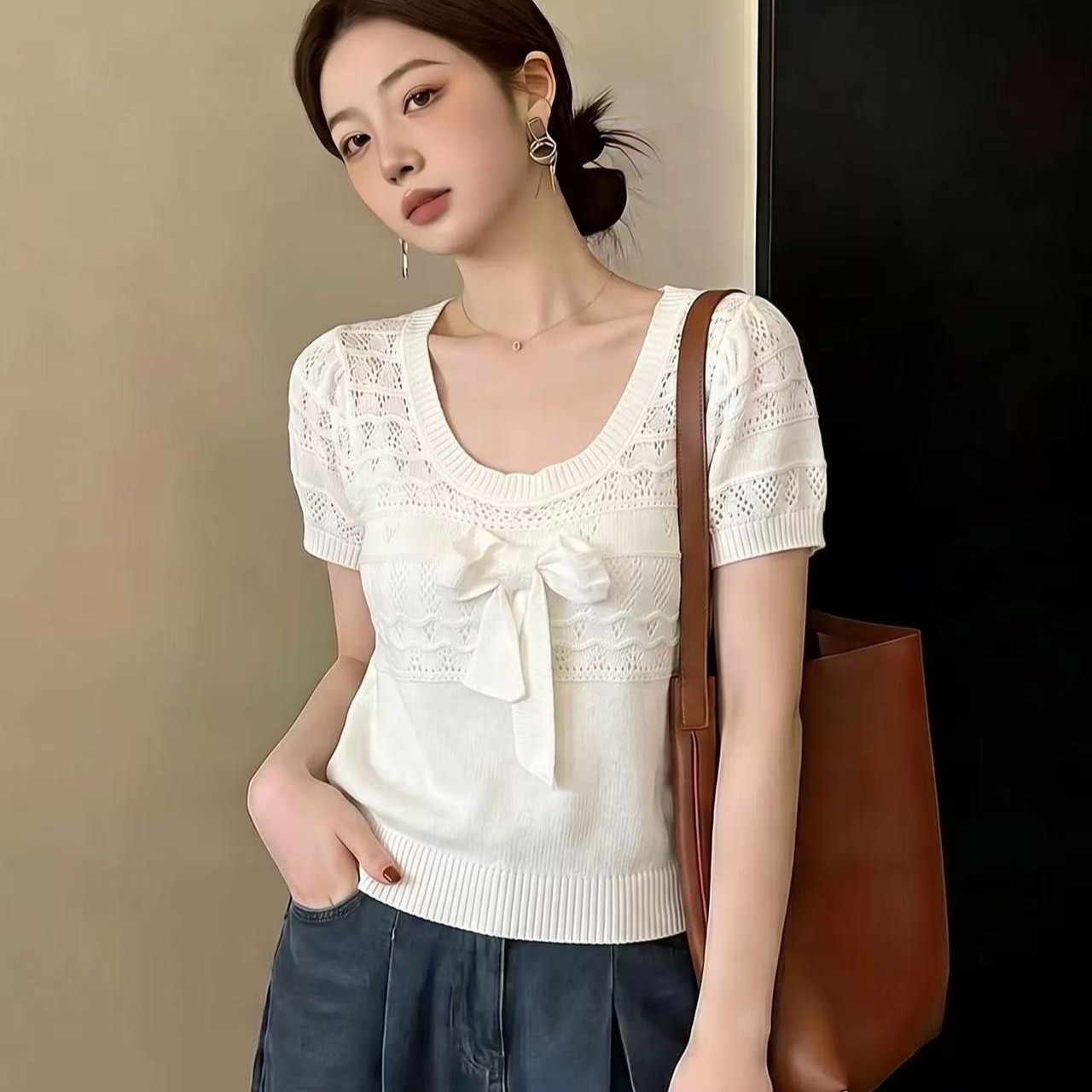 法式小眾圓領針織衫女夏季大碼胖MM收腰顯瘦百搭爆款透氣款短上衣