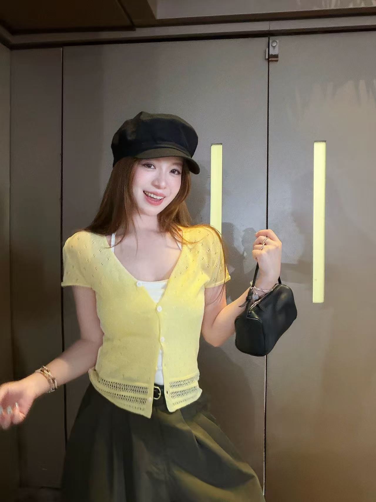 TMHSTUDIO滿天星 萊賽爾亞麻鏤空V領針織衫女修身短袖開衫T恤上衣