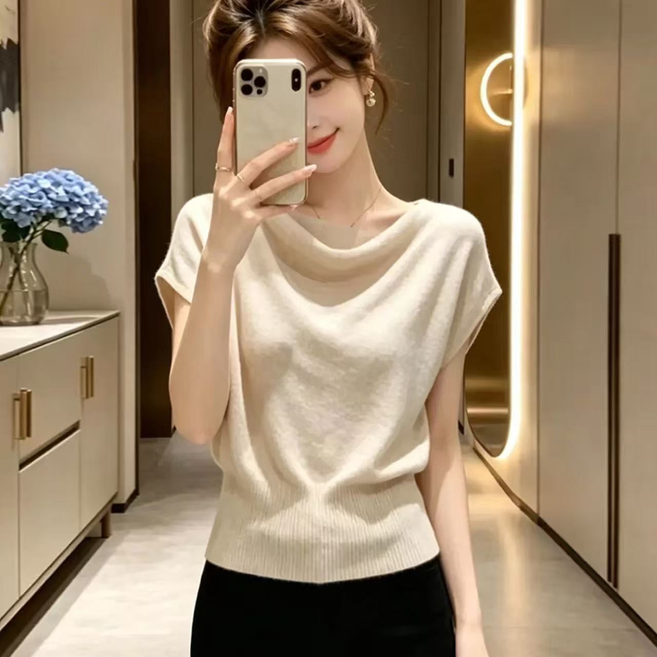 法式蕩領短袖t恤女2026夏季新款設計感氣質收腰修身百搭短款上衣