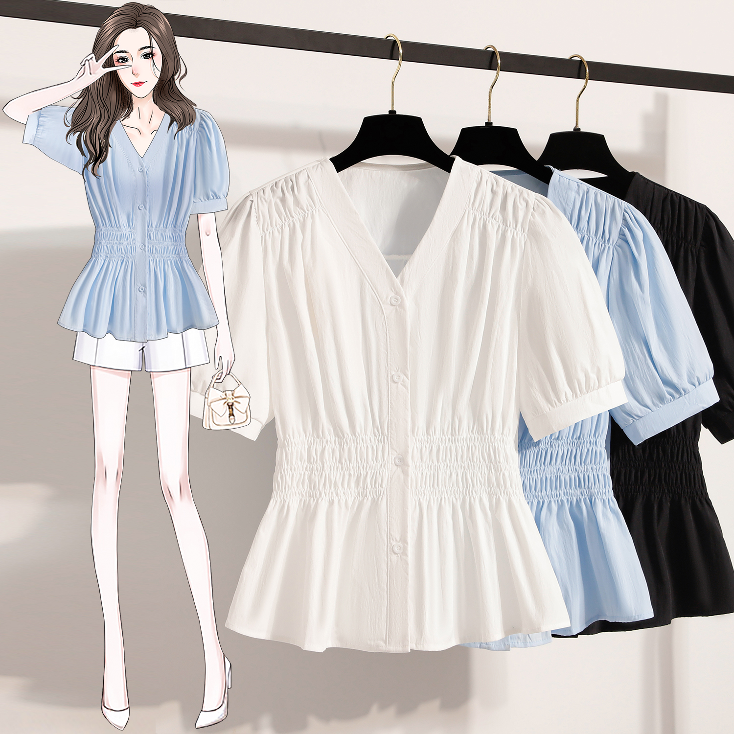 RY4030# 大码法式短袖衬衫女夏季高级感衬衣胖MM遮肉显瘦收腰上衣