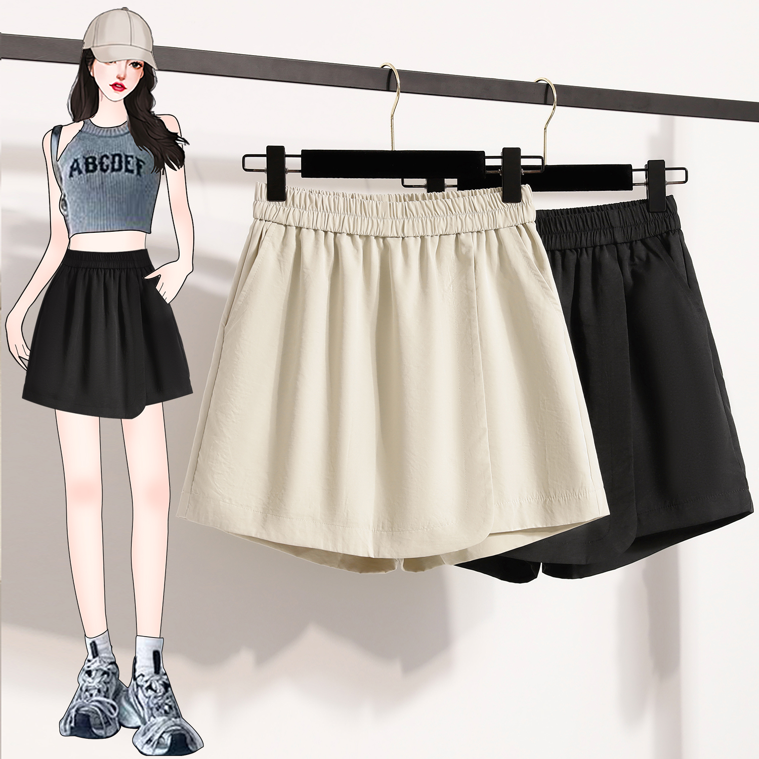 RY4020# 工装裙裤女夏薄款高腰a字显瘦外穿短裤阔腿五分裤