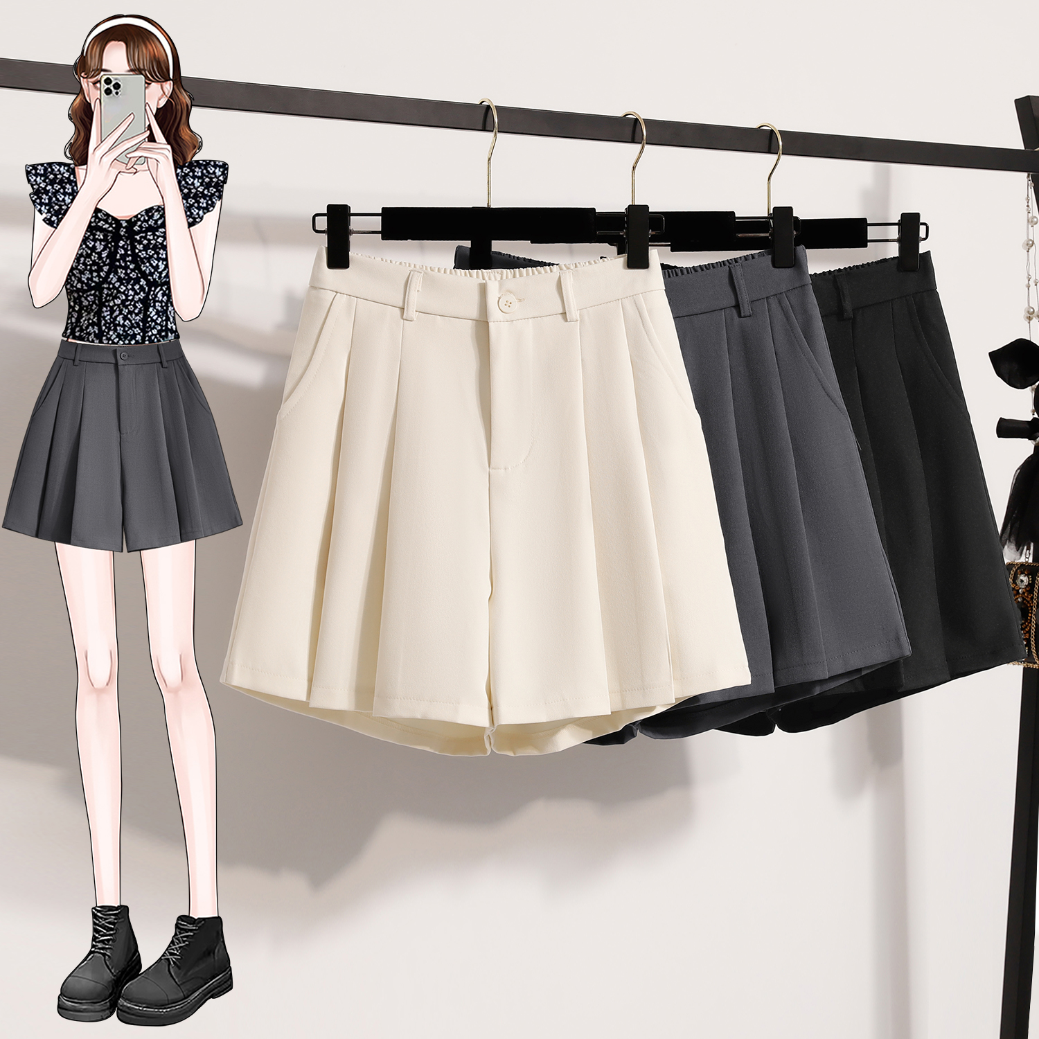 MY9065# 胖MM大码女百搭显瘦高腰A字皱褶西装短裤女裝貨源服裝批發
