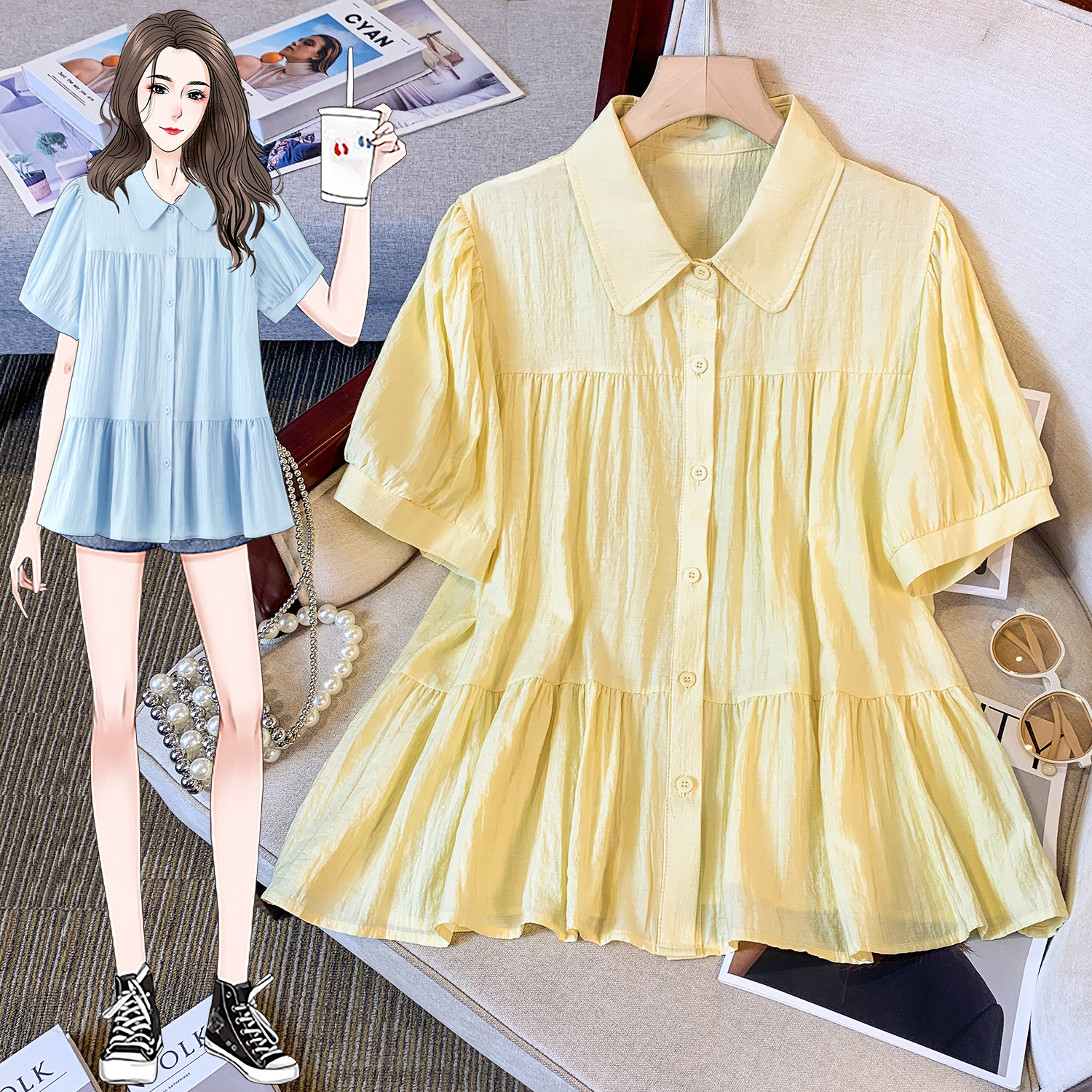 RY4032# 实拍polo领短袖娃娃衫女夏宽松泡泡袖遮肚子收腰衬衫上衣