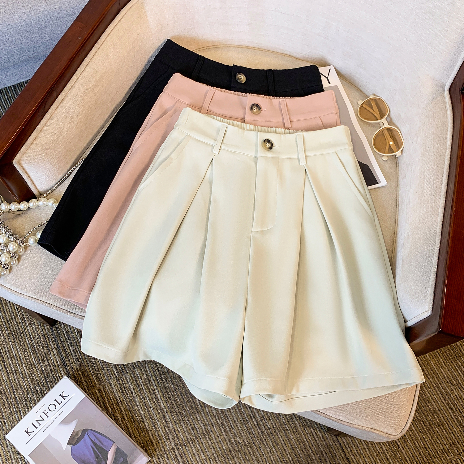 MY9060# 高腰a字西装短裤女夏季外穿宽松显瘦阔腿裤五分裤女裝貨源服裝批發