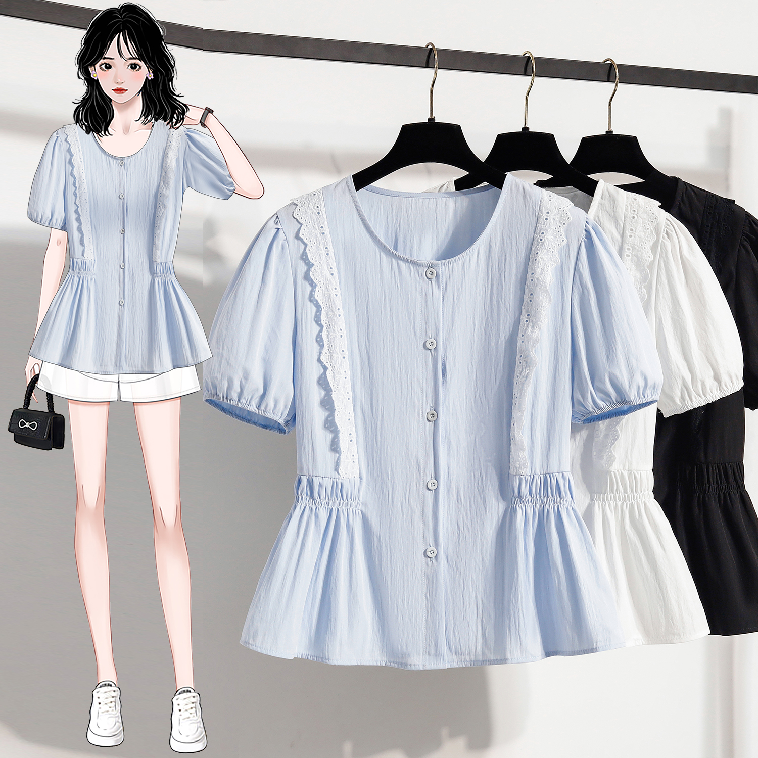 RY4035# 胖妹妹显瘦遮肚子衬衫女夏季蕾丝花边收腰短袖娃娃衫