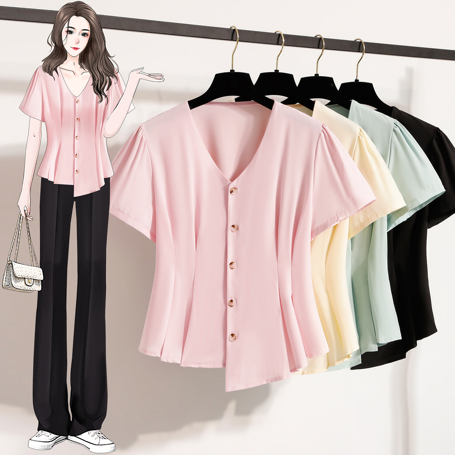 RY4036# 法式V领不规则正肩短袖衬衫女夏季遮肚子显瘦上衣