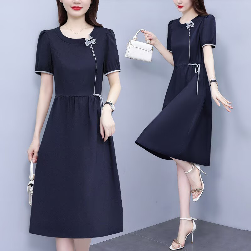 RY3418# PLYC藏蓝夏季新品连衣裙气质显瘦修身女装时尚打底收腰洋气