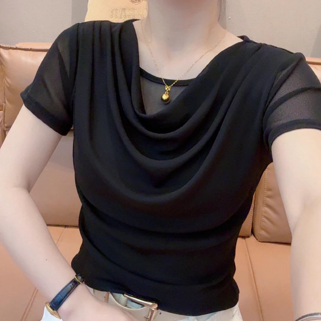 小敏家夏季新款簡約堆堆領修身短袖T恤女百搭時尚