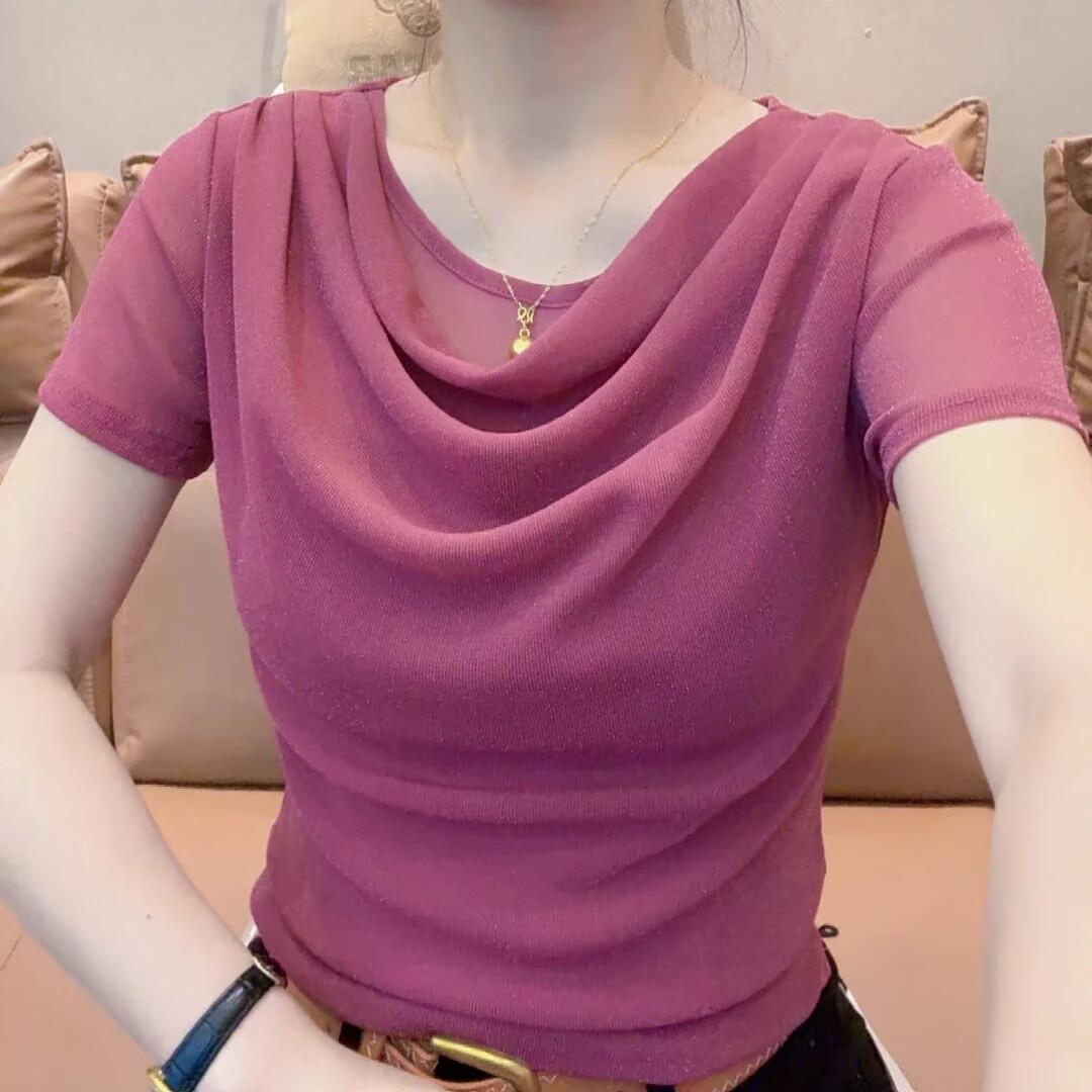 小敏家夏季新款簡約堆堆領修身短袖T恤女百搭時尚