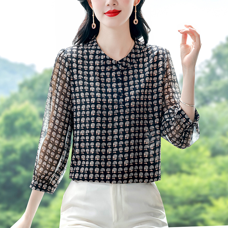 夏季新款真絲上衣女七分袖時尚百搭印花小衫寬松遮肚子桑蠶絲襯衫