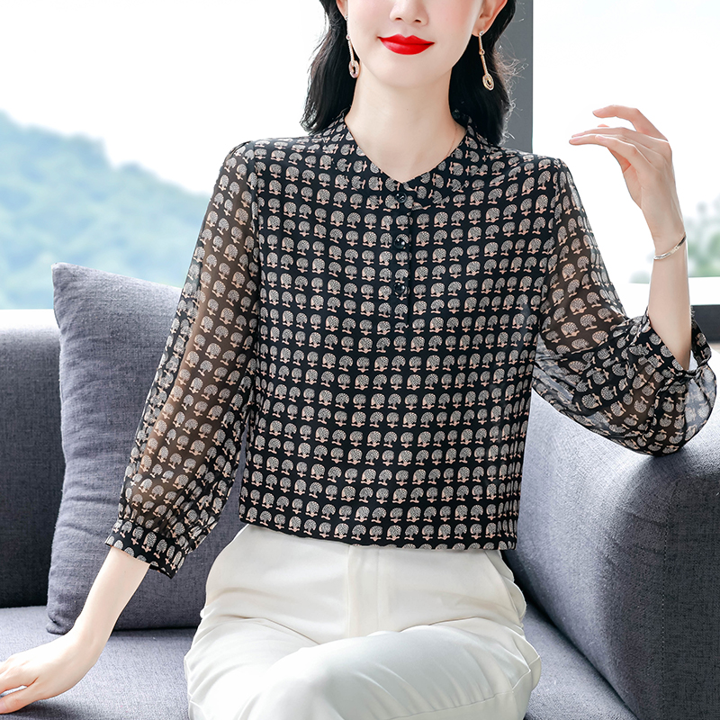 夏季新款真絲上衣女七分袖時尚百搭印花小衫寬松遮肚子桑蠶絲襯衫