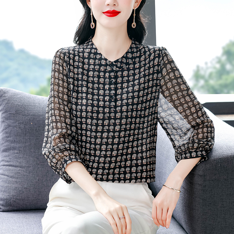 夏季新款真絲上衣女七分袖時尚百搭印花小衫寬松遮肚子桑蠶絲襯衫