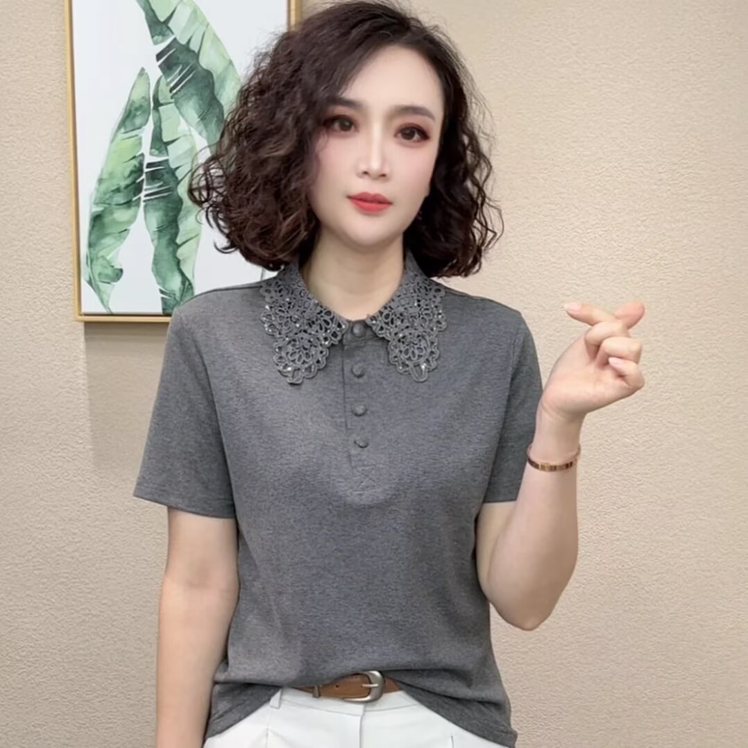 RY3417# 2026夏季新款时尚洋气百搭减龄显瘦翻领短袖女士上衣#6784