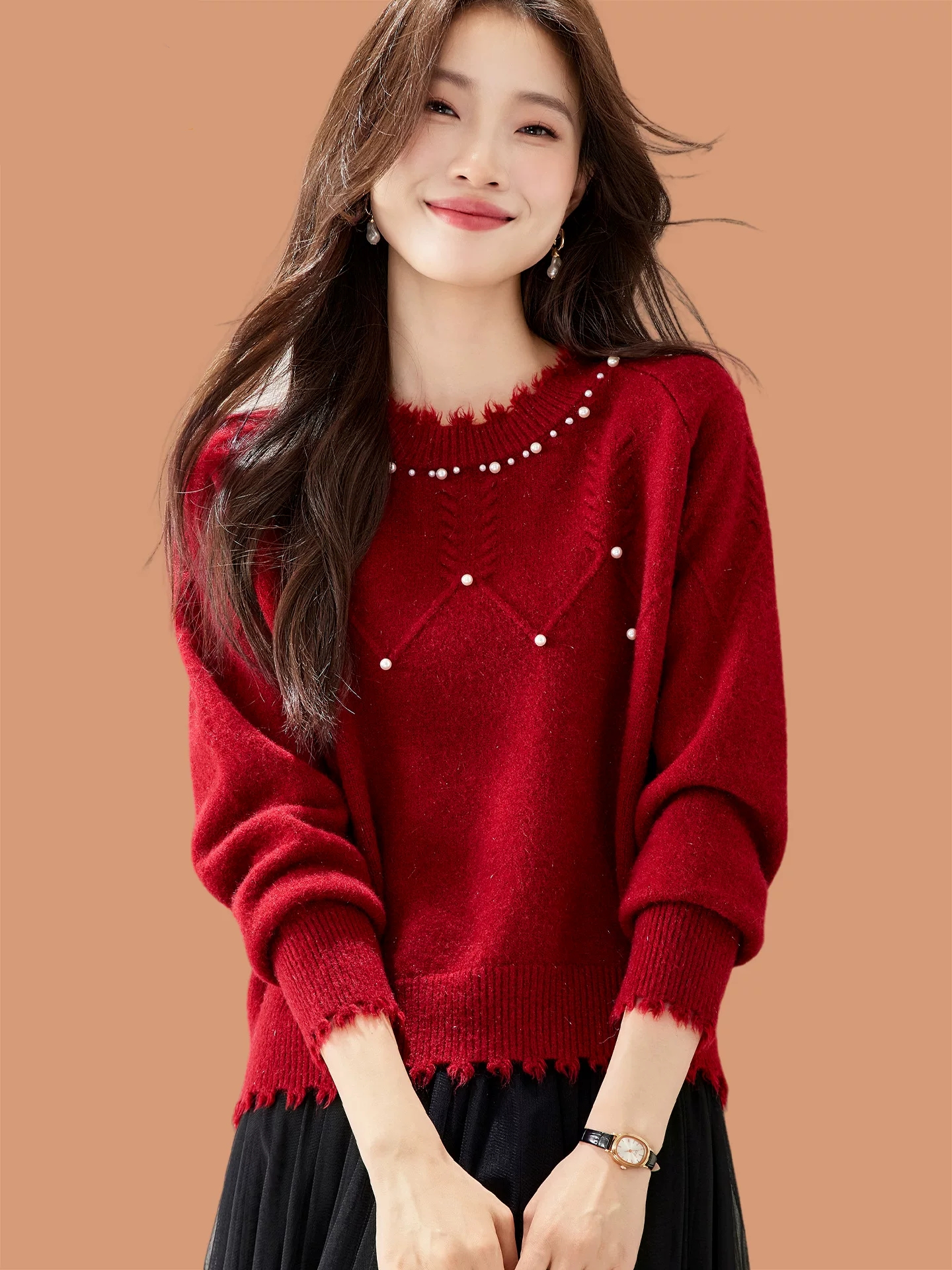 MY16251# 氛围感红色钉珠毛衣女秋冬可外穿2025新款短款内搭羊毛针...