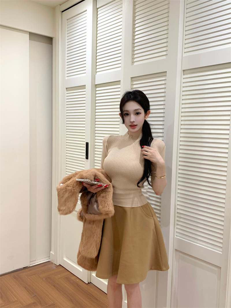 MY14773# 半高领修身半袖针织衫纯欲性感收腰上衣+挺阔花苞温柔A字裙...