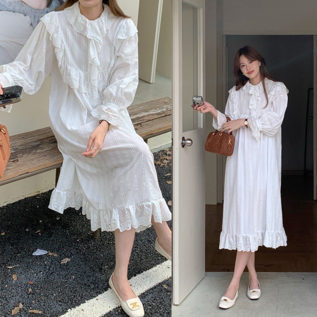 MY16613# 复古宫廷风雕孔绣褶边喇叭袖连衣裙女裝貨源服裝批發