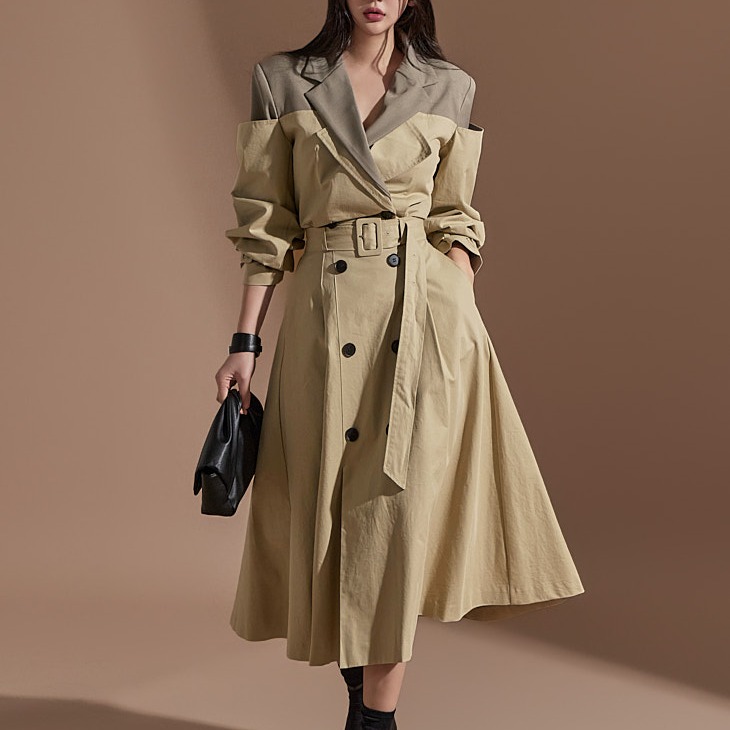 MY16614# 有货 时尚复古气质设计款撞色拼接风衣外套+双排扣A字半身裙女裝貨源服裝批發