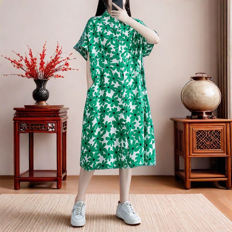 MY16699# 复古碎花翻领收腰气质衬衫裙新款宽松大码显瘦连衣裙女裝貨源...